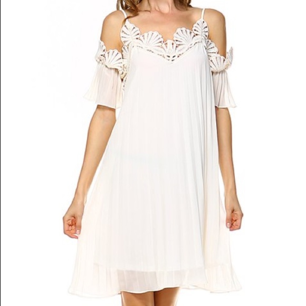 Lace, pleated off the shoulder dress
